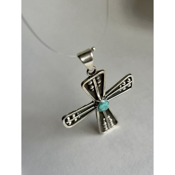 925 Sterling Silver Oxidized & Turquoise Cross Pendant - Picture 8 of 16